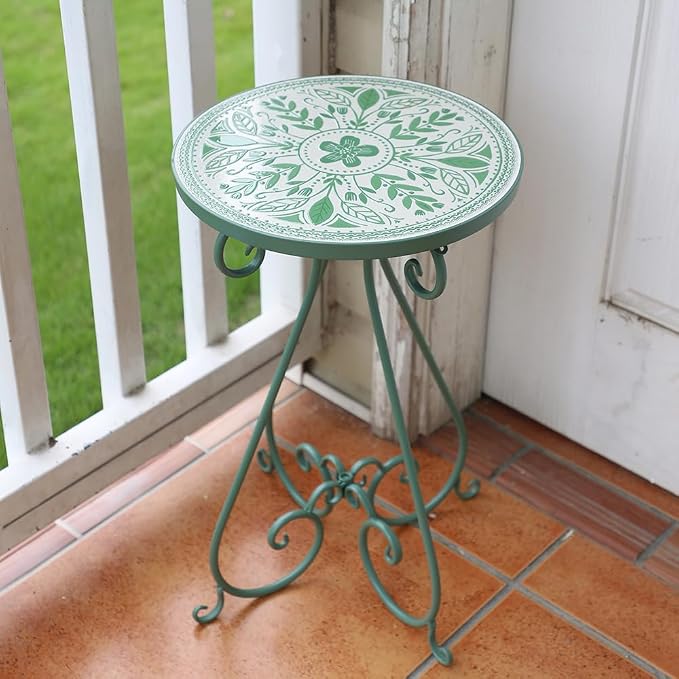 Vintage Outdoor Side Table Round Mosaic Ceramic Tile Top 14" Diameter Metal Plant Stand for Flower Pots Vase Garden Home Porch Pool Indoor Decor Weather Resistant Outside Patio Accent End Furniture