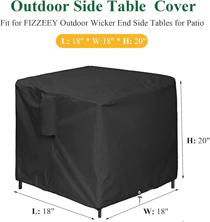 Outdoor Wicker End Side Tables Cover for FIZZEEY Outdoor Side Table, Waterproof Square Cover for Patio Small Rattan, Wicker Coffee Table, Balcony Table, Outside End Table- 18”L x 18”W x 20”H