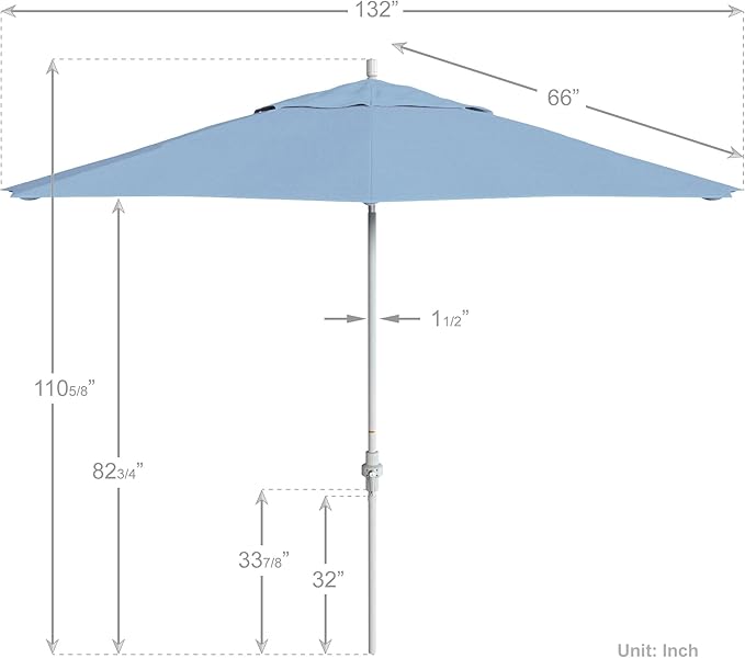 California Umbrella 11Ft Premium Sunbrella Patio Umbrella, Hand-Crank, Tilt-Collar, White Frame, Air Blue Fabric