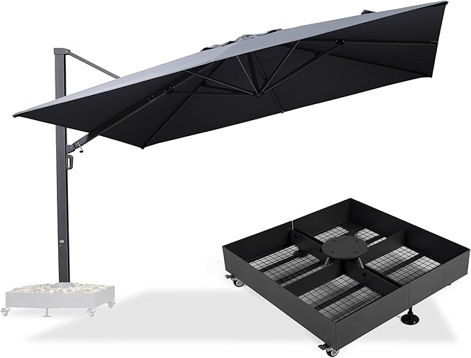 PURPLE LEAF 13 FT Square Patio Umbrella with Base Included Large Cantilever Outdoor Aluminum Offset Umbrella with 360-degree Rotation for Garden Deck Backyard Pool Grey