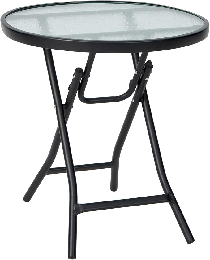 Tangkula Patio Bistro Table, 18" Round Side Table with Tempered Glass Tabletop, Rustproof Frame and Stable X-Shaped Structure, Folding Side Table for Indoor and Outdoor Use