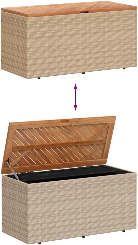 Patio Storage Container for Backyard, Porch, Garden, Patio Storage Box, Outside Deck Box, Garden Storage Box, Beige 43.3"x19.7"x21.3" Poly Rattan Acacia Wood,-743