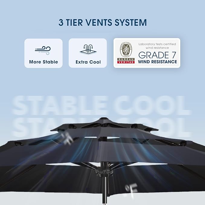 wikiwiki 9ft 3-Tier Patio Umbrella Outdoor Table Market Umbrella for Patio with Push Button Tilt/Crank, Fade Resistant Waterproof POLYESTER Canopy for Garden, Lawn, Deck, Backyard & Pool, Navy Blue