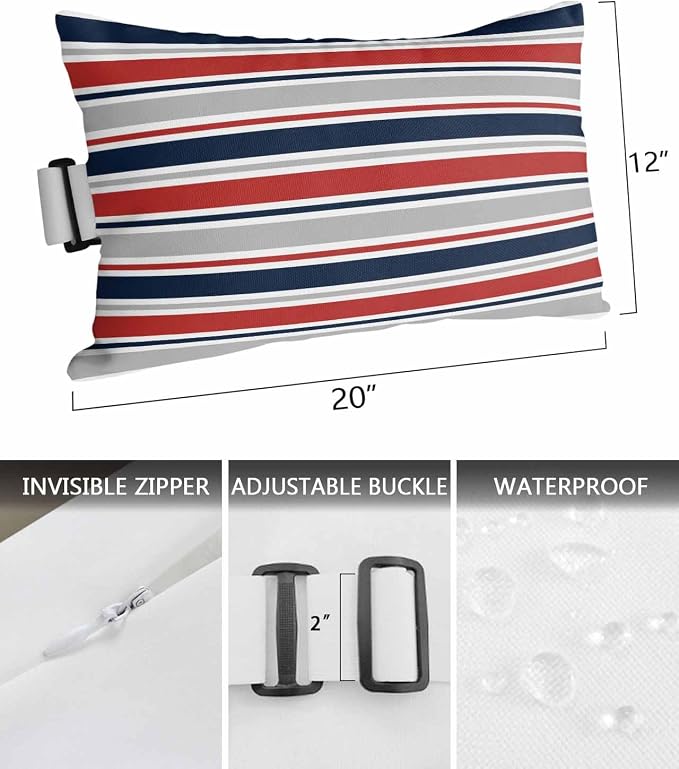 Pack of 4 Outdoor Lumbar Pillow Covers 12x20 Inch, Red Navy Blue Striped Waterproof Throw Pillow Covers Set, Farmhouse Stripes Modern Abstract Art Outside Decorative Cushion Cases for Patio Porch Car