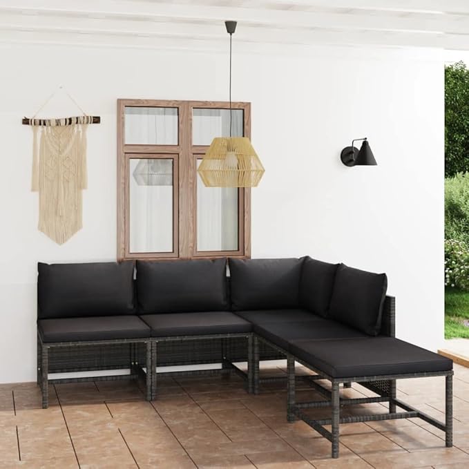 5-Piece Modular Outdoor Patio Furniture Set, 23.6 x 23.6 x 12.6 in Grey PE Rattan Conversation Sectional for Garden, Balcony, Deck, Sunroom, Apartment