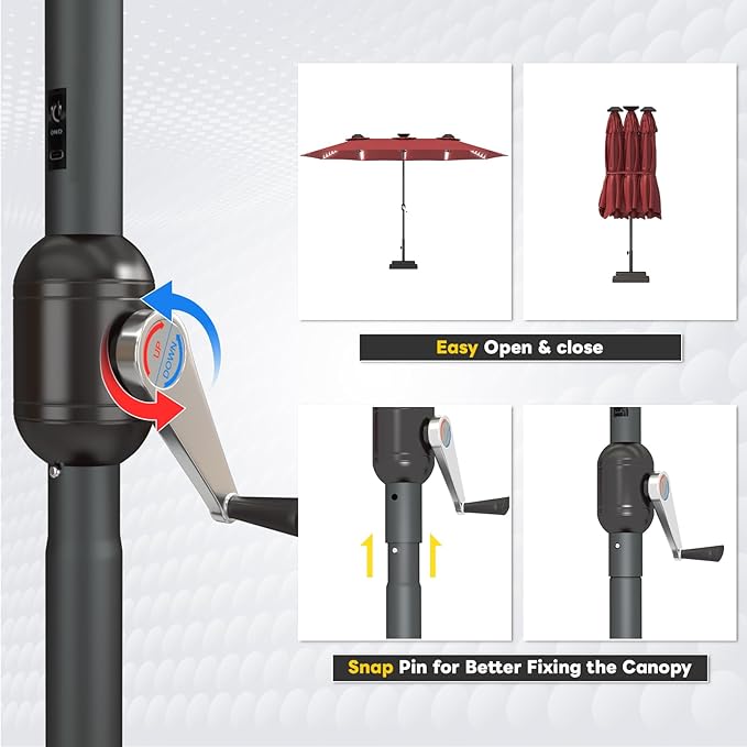 AECOJOY 15ft Patio Umbrella with Solar Lights, Large Patio Umbrella with Crank Handle and 156 PCS LED Lights, Outdoor Rectangular Market Umbrella for Backyard Deck Pool in Dark Red(1.9" Pole)