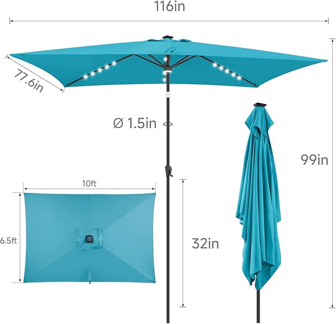FLAME&SHADE 6.5 x 10 ft Rectangular Solar Powered Outdoor Market Patio Table Umbrella with LED Lights and Tilt, Aqua Blue