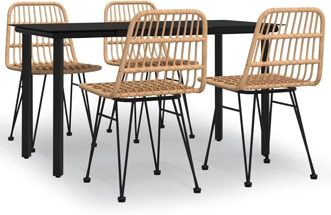 5 Piece Patio Dining Set Poly Rattan Outdoor Furniture with Tempered Glass Table, Steel Chairs with Backrest for Garden, Backyard, Deck, Balcony Dining