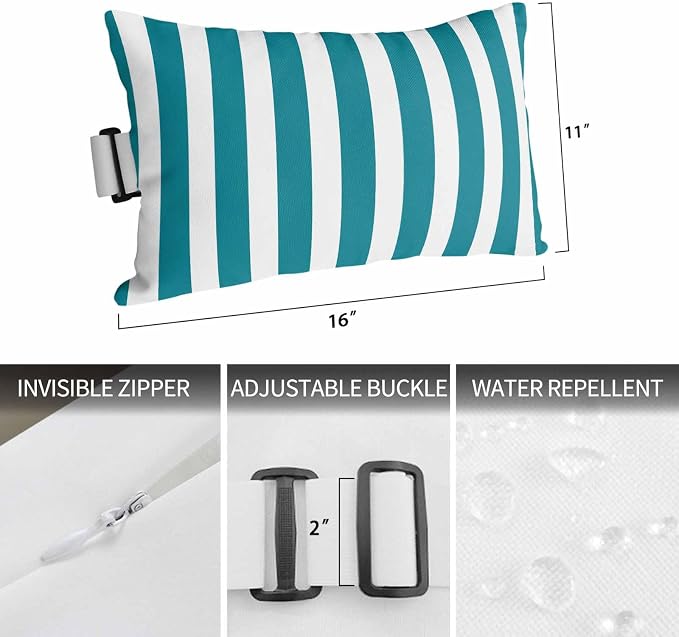 Teal Striped Outdoor Chaise Lounge Head Pillow with Insert,Simple Art Vertical Stripe Farmhouse Waterproof Headrest Lumbar Pillow Cusion Cover with Elastic Strap for Patio Beach Recliner,11"x16" 2PCS