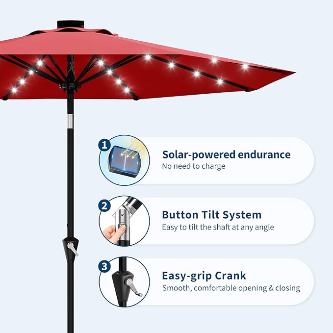 Garvee 10FT Solar Patio Umbrella with 32 LED Lights - Outdoor Table Umbrella with Crank Lift, Push Button Tilt and 8 Sturdy Ribs - Market Umbrella UV Protection for Pool, Deck, Yard, Garden -Red