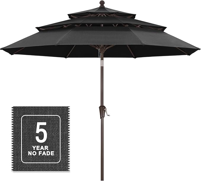 MASTERCANOPY 9ft 3-Tier Olefin Patio Umbrella with Tilt Crank, 5-Year-Non-Fading Canopy & 8 Fiberglass Ribs for Deck, Patio, and Garden, Dark Grey