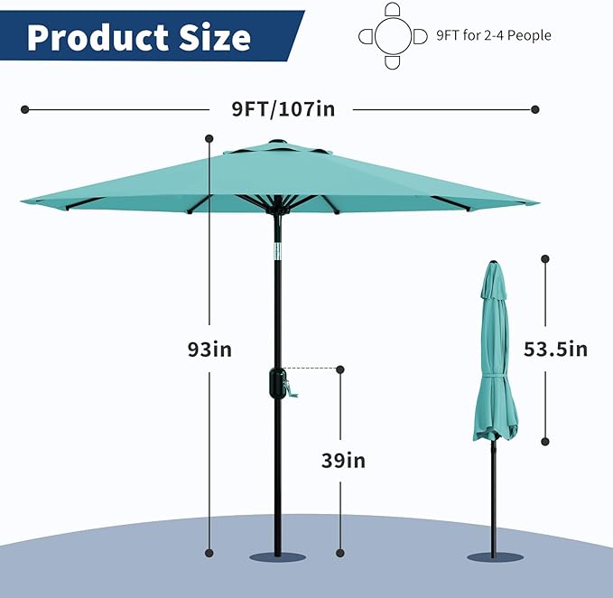 GarveeLife 9FT Patio Umbrella Outdoor, Table Umbrella with Push Button Tilt and Crank, 8 Sturdy Ribs UV Protection Waterproof for Garden, Pool, Market, Deck (Lake Blue)