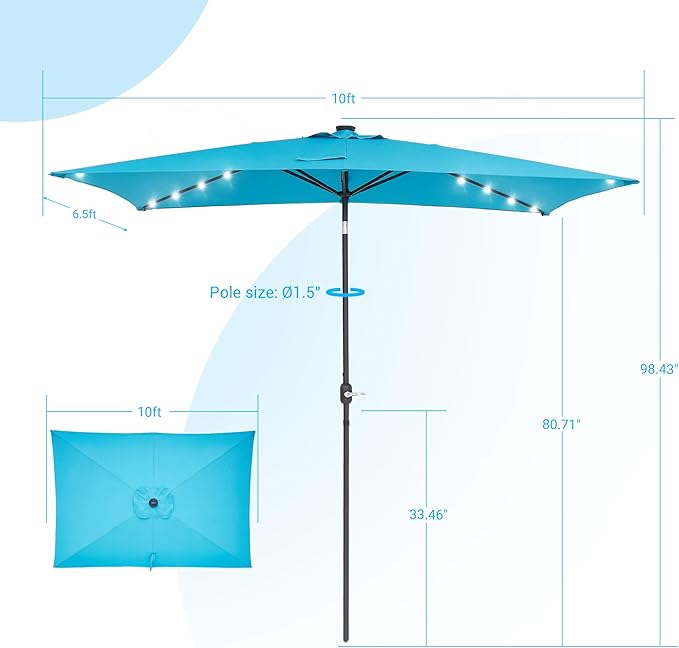Rectangle Patio Umbrella with Solar Lights, 10 x 6.5ft Rectangular Outdoor Umbrella Table Market Patio Umbrella with Push Button Tilt and Crank for Garden, Deck, Backyard, Pool