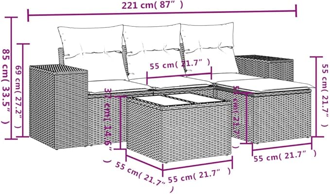 vidaXL Patio Sofa Set with Cushions 5 Piece, Outdoor Conversation Set, Sectional Sofa for Balcony Garden, Patio Furniture, Gray Poly Rattan