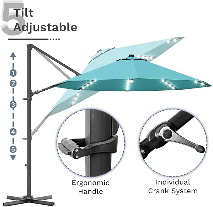Devoko 10ft Solar LED Patio Umbrella, Round Cantilever Outdoor Umbrella with Solar Lights and 360-Degree Rotation, Large Hanging Offset Market Umbrella with Easy Tilt for Patio Deck Garden,Turquoise
