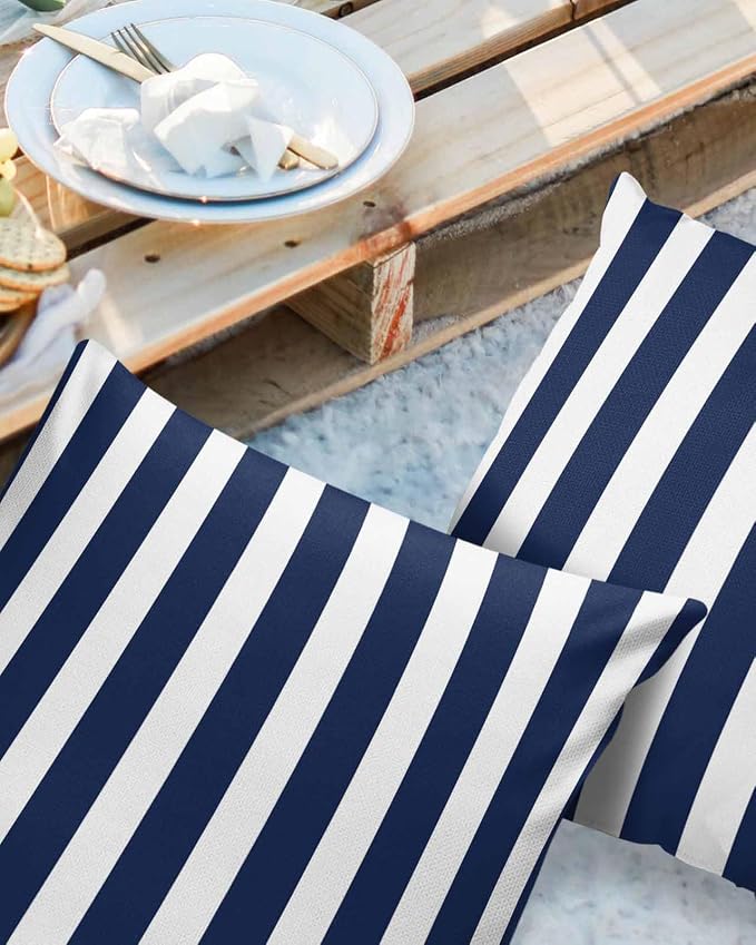 Outdoor Waterproof Throw Pillow Covers 24x24in, Striped Line Cushions for Garden Patio Furniture Chairs Set of 2, Navy Blue White Home Decor Couch Sofa Polyester Pillow Cases