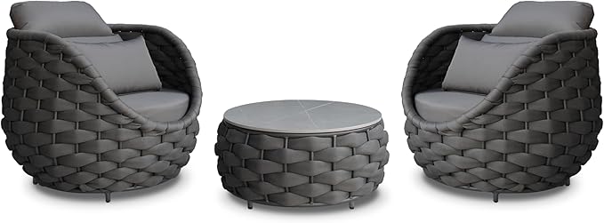 Front Porch Furniture Set 3 Piece: Aluminum Woven Rope Patio Conversation Sofa Set for 2 - Assembled Outdoor Couch Armchair Set Cushions - for 400lb Deck Balcony Pool Yard Hotel - Dark Gray