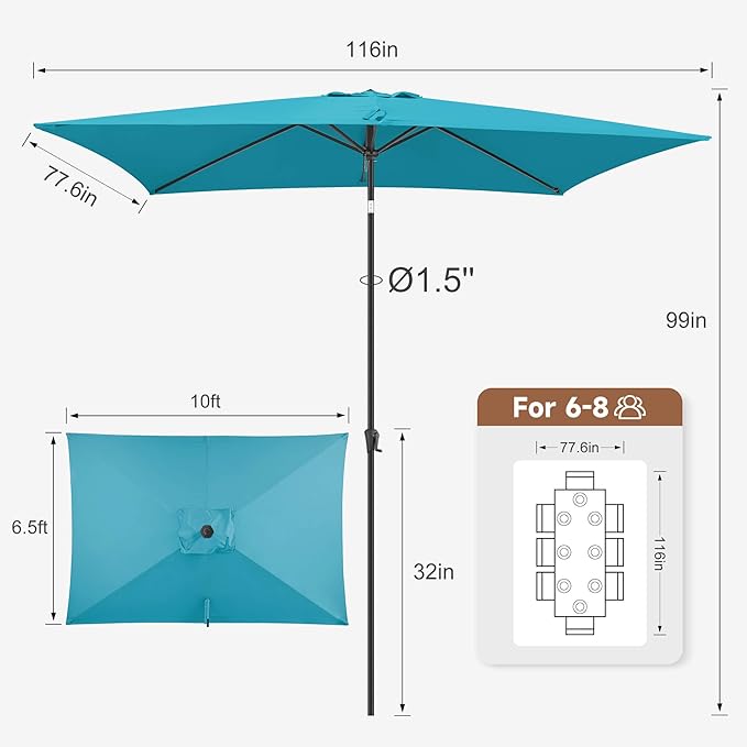 FLAME&SHADE 6.5 x 10 ft Rectangular Patio Umbrella with Push Button Tilt & Crank, Table Market Rectangle Rectangle Umbrella Outdoor for Yard, Pool, Garden, Porch(Aqua Blue)
