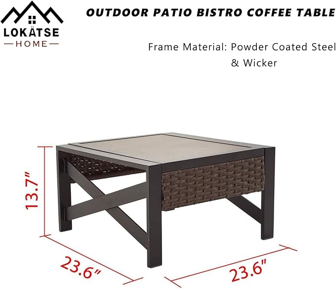 LOKATSE HOME Outdoor Metal Patio Bistro Coffee End X Shaped Steel Legs, Wicker Rattan Around, Side Table, Brown