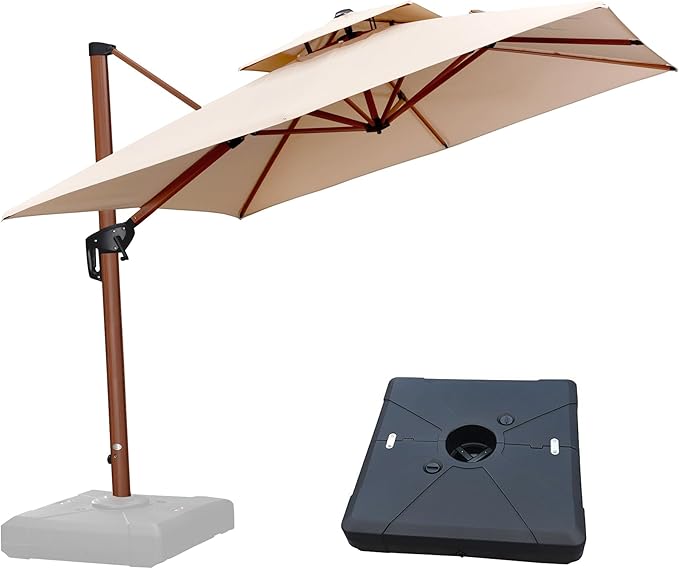 PURPLE LEAF Patio Umbrella with Base Outdoor Square Large Cantilever Umbrella Windproof Offset Heavy Duty Sun Umbrella for Garden Deck Pool Patio, 9ft Beige