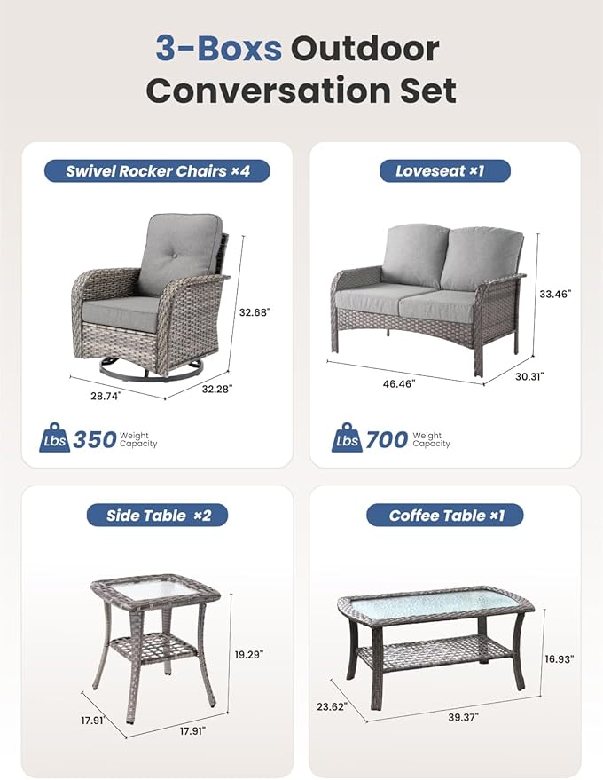 8-Piece Outdoor Patio Furniture Set with Swivel Chairs, Outdoor Conversation Wicker Sofa with Coffee Table, Rattan Couch for Deck Yard Poolside, Dark Grey