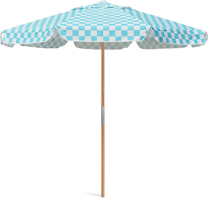 AMMSUN 7.8ft Seashore Umbrella, Outdoor Umbrella, Boho Beach & Patio Umbrella with UV 50+ Air Vent Ash Wood Pole Carry Bag & Water-Resistant Canvas (Blue Check)