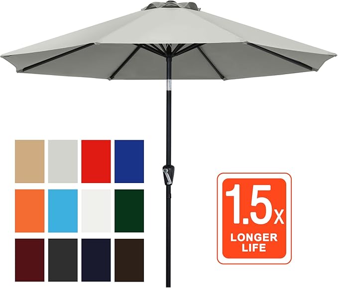 ABCCANOPY 9FT Outdoor Patio Umbrella, 8 Ribs Table Umbrella w/Crank for Easy Set Up, Suitable for Garden, Lawn, Deck & Backyard (Gray)