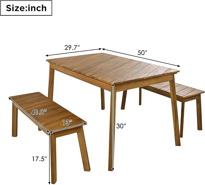 RUNNA 3 Pieces Acacia Wood Table Bench Dining Set for Outdoor & Indoor Furniture with 2 Benches, Picnic Beer Table for Patio, Porch, Garden, Poolside