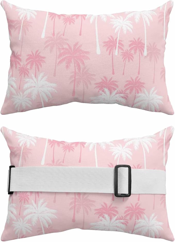 Tropical Palm Tree Outdoor Pillows for Chaise Lounge Chair Beach Headrest Pillow Set of 2 Waterproof Lumbar Pillows with Insert&Strap Pink White Plants Coastal Leaf Beach Pool Pillow 12"x20"