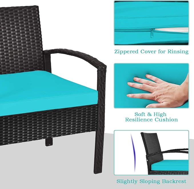 Tangkula 3 Pieces Patio Wicker Conversation Set, Outdoor Rattan Furniture with Washable Thick Cushion & Coffee Table w/Storage Space, Patio Furniture Set for Backyard Porch Garden Poolside (Turquoise)