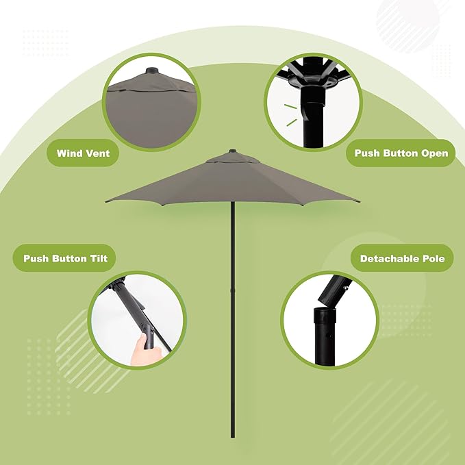Sunline 7.5 ft Patio Umbrella with Crank & Push Button Tilt, Outdoor Market Umbrella with UV Protection & Wind Vent, Metal Frame for Deck, Pool & Table, Taupe