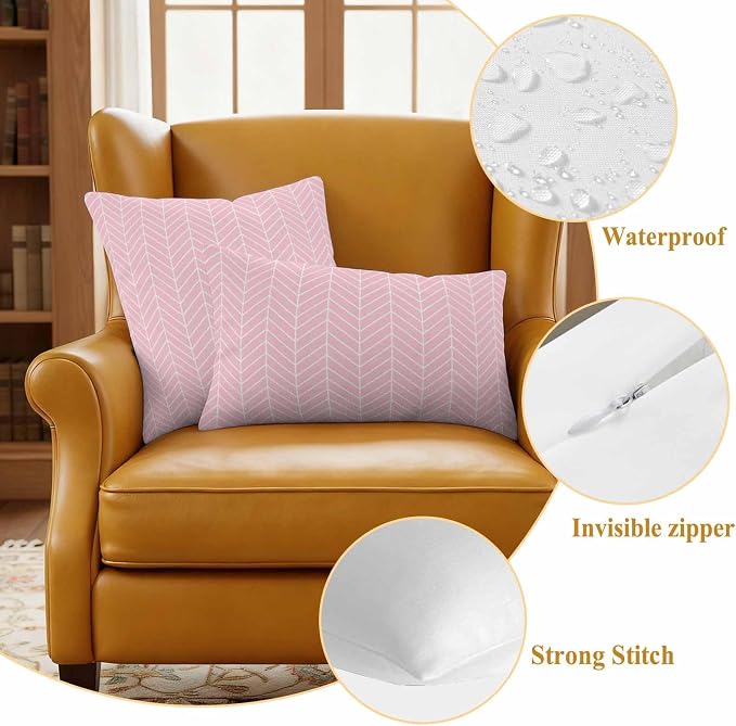 Outdoor Waterproof Throw Pillow Covers Set of 2 Pink Chevron Stripes Pillowcases 18x18 Inches Modern Geometric Texture Decorative Pillows Cushion Case Patio Pillows for Couch Bed Chair Garden