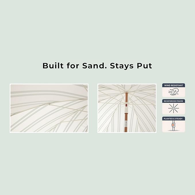 6FT Stripe Fringe Beach Umbrella for Sand with Sand Anchor, UPF 50+ Sun Shade with Tassels, Adjustable Tilt Pole, Portable Coastal Umbrella for Beach & Pool, Heritage Ocean Cypress Stripe