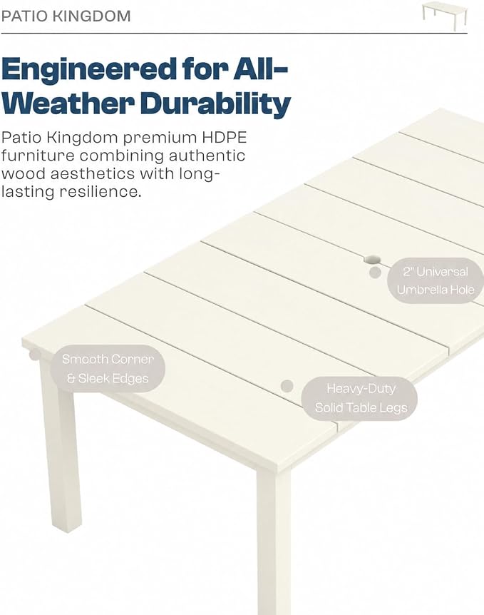 75.2" HDPE Outdoor Dining Table for 4-6 People, Rectangular Patio Dining Table with Umbrella Hole, All Weather Patio Dining Outdoor Table for Deck, Backyard and Garden, White