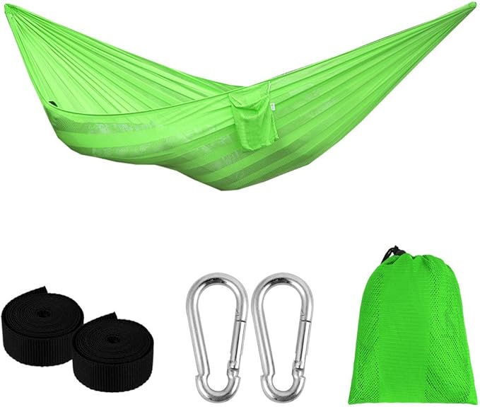 Ruilogod Double Ice Silk Nylon Mesh Hammock Super Breathable Portable Swing Hanging Sleeping Bed with Max 660lbs Breaking Capacity for Backpacking, Camping, Travel, Beach, Backyard (Green) (id: 370 2b