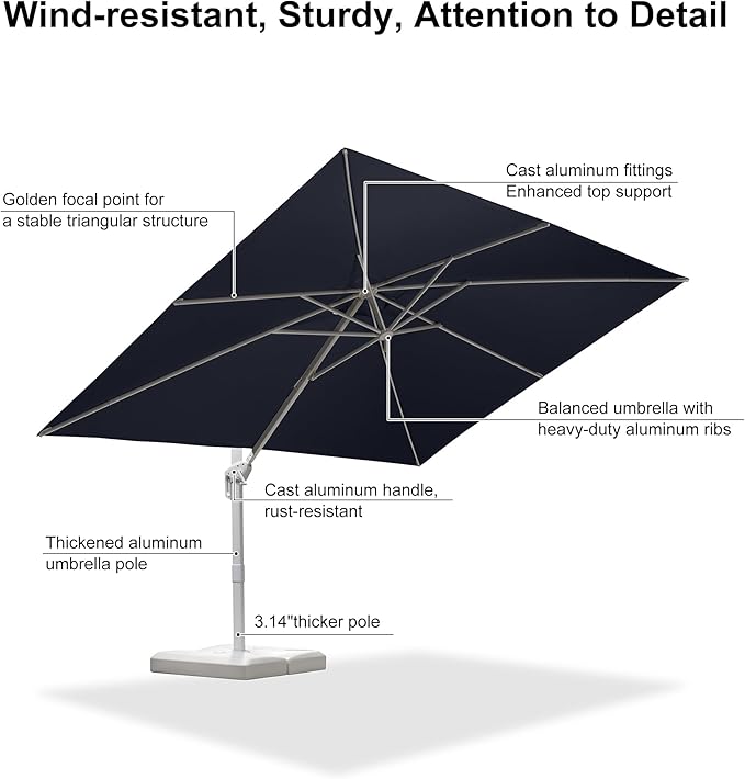 PURPLE LEAF 9' × 11.5' Patio Umbrella With Base White Cantilever Umbrella Square Outdoor Offset Umbrella Windproof with 360° Rotation for Garden Deck Pool, Navy Blue