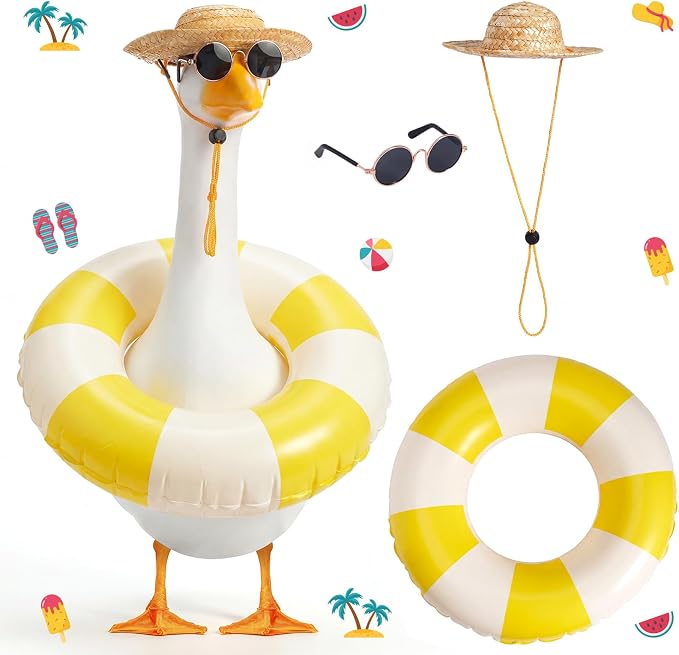 Porch Goose Summer Outfit 3PCS Set, Straw Hat, Swim Ring, Sunglasses | 17/23 Inch Plastic Concrete Cement Lawn Goose Statue, Hawaiian Geese Costume for Garden Outdoor Yard Patio Decor
