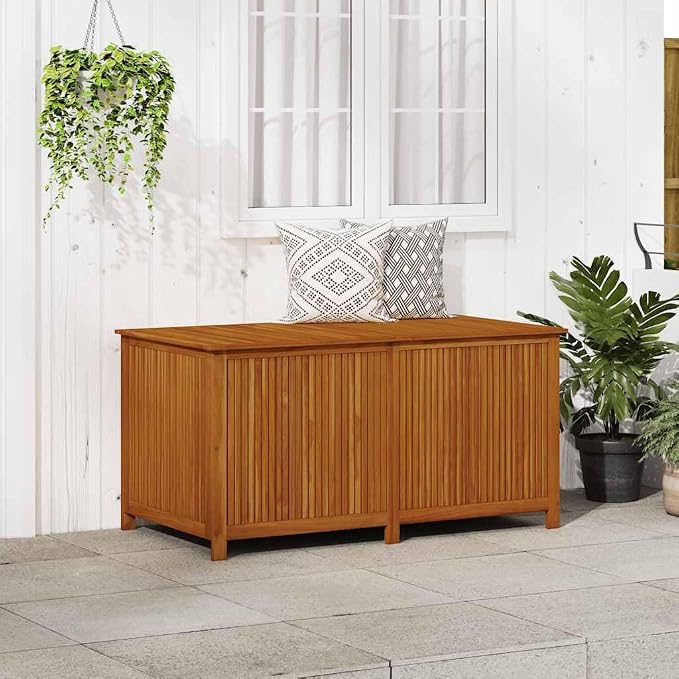 Outdoor Storage Box Large Deck Bin with Waterproof Liner Solid Acacia Wood Brown for Patio Garden Backyard Furniture, 59.1 x 31.5 x 29.5 Inches