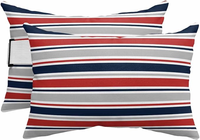 Pack of 4 Outdoor Lumbar Pillow Covers 12x20 Inch, Red Navy Blue Striped Waterproof Throw Pillow Covers Set, Farmhouse Stripes Modern Abstract Art Outside Decorative Cushion Cases for Patio Porch Car