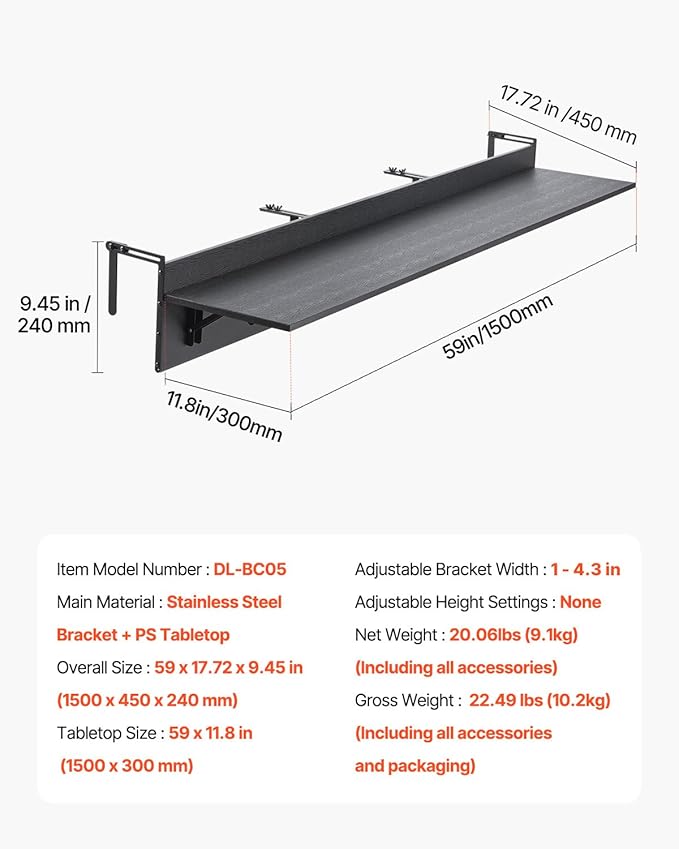 VEVOR Balcony Hanging Table, 59 x 12 inch, Outdoor Balcony Bar Table for Railings, 50 lbs Loading, Fit Railing from 1" to 4.3", Serving Table for Patio & Deck
