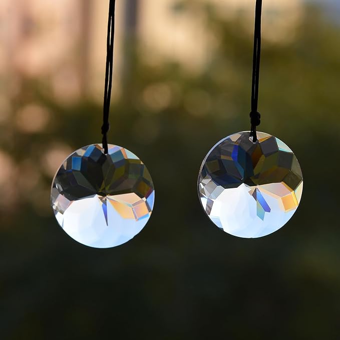 2PCS Circle Crystal Suncatcher Prisms for Windows (Circle Clear) | Clear, K9 Glass, Rainbow Maker, with Hooks & Cord