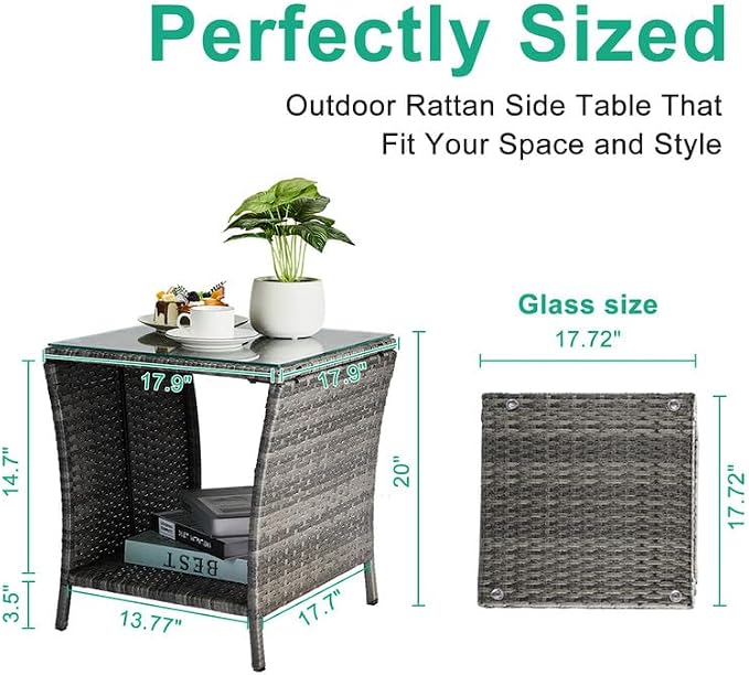 NOLLAM Patio Wicker Side Table, Outdoor PE Rattan End Table with Glass Tabletop and 2-Tier Storage Shelf, 18"" Square Coffee Table for Outside Deck Porch Garden Backyard, Load 110 LBS, Gray, Grey
