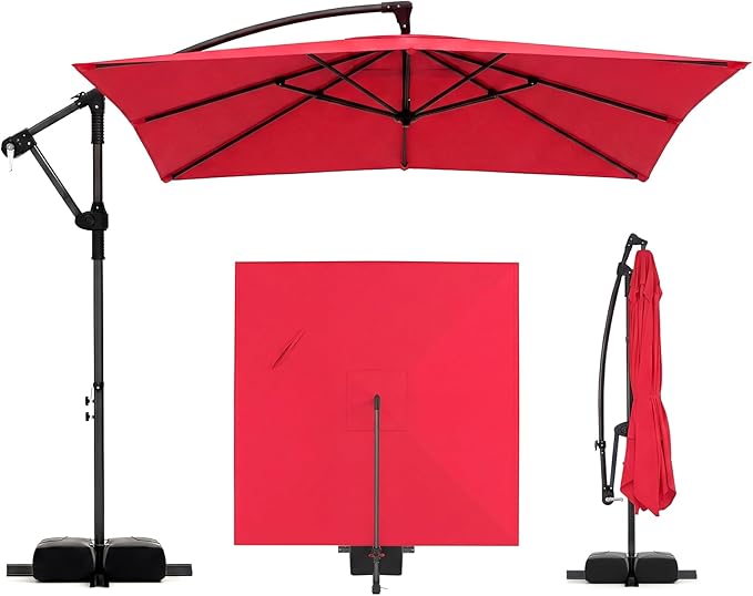 Tangkula 8x8 FT Patio Umbrella with Base Included, Square Offset Cantilever Outdoor Umbrella with 360 Degree Rotation, Crank Handle, Sandbags, 8 Ribs for Pool Deck Garden Backyard