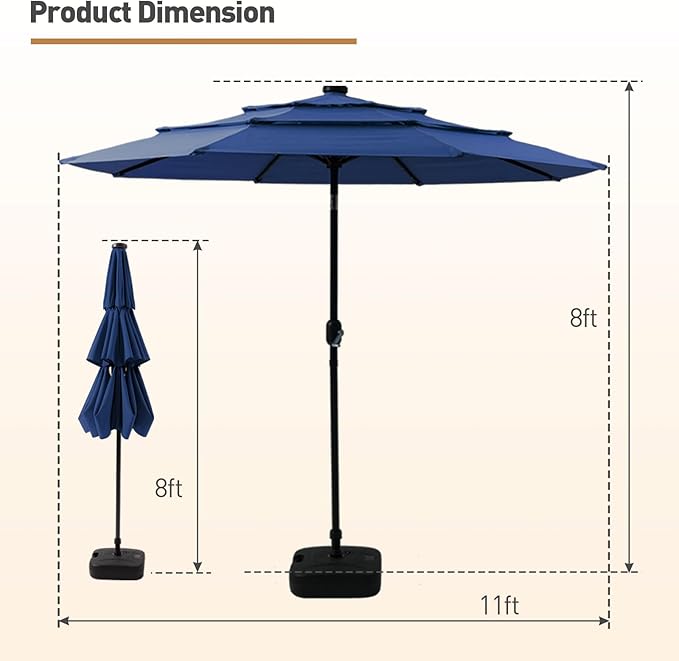 11FT 3 Tiers Patio Umbrella for Outside, Outdoor Umbrella with Solar LED Lights, Market Patio Table Umbrella with 8 Sturdy Ribs, Pool Umbrella for Garden, Pool, Backyard, Navy Blue