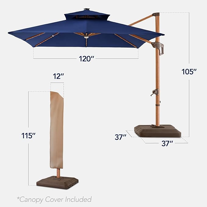 Best Choice Products 10ft Square Cantilever Patio Umbrella w/Base Included, Woodgrain Pattern Pole & Solar LED Lights, 360-Rotation, Offset Hanging Outdoor Shade