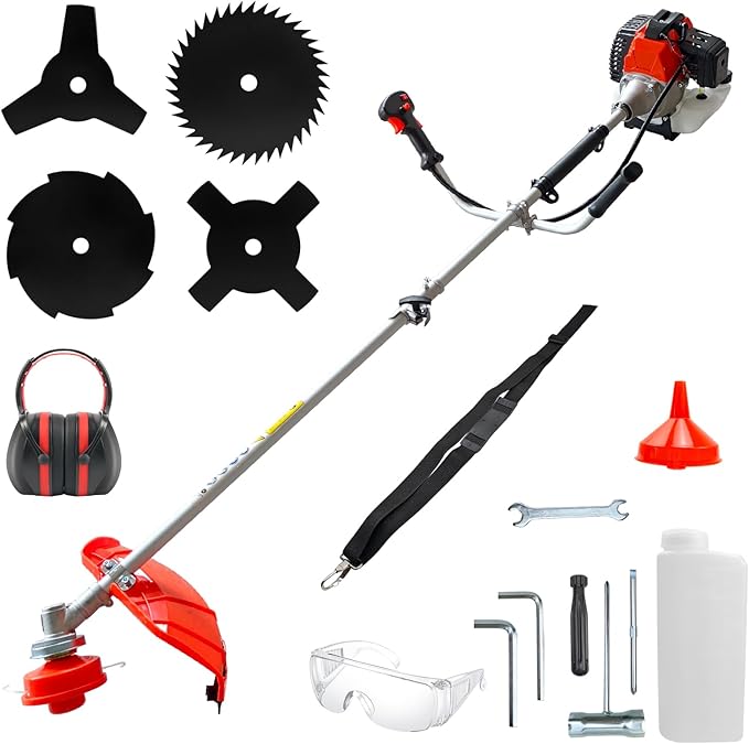36cc 2-Cycle Gas Powered Brush Cutter, 5-in-1 Multifunctional Grass Trimmer Weed Wacker with 5 Cutting Heads for Lawn Garden Weeding Pruning Shrubs