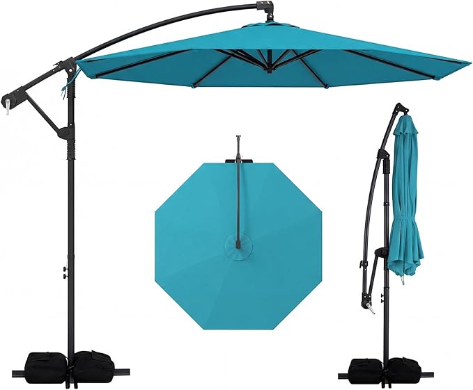 Tangkula 10ft Patio Umbrella with Base Included, Offset Cantilever Outdoor Umbrella with 360 Degree Rotation, 2 Sandbags, Crank Handle for Pool Deck Garden Backyard