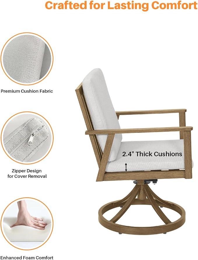 Outdoor Swivel Patio Dining Chair Set of 2, Never-Rust Outdoor Aluminum Patio Swivel Chairs with Cushions, Patio Dining Furniture Chairs Set for Garden, Backyard, Porch, Lawn, Teak