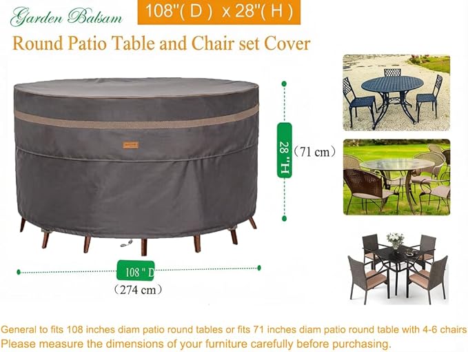 Heavy Duty Waterproof Patio Furniture Covers UV Resistant Round Outdoor Table Chair Covers Large Round 108"Diax28"H Dark Grey