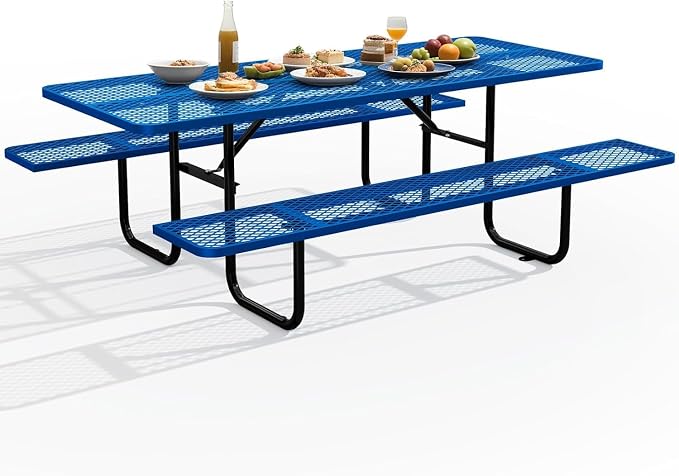 72" Coated Round Metal Picnic Table for 4-6 Person, Durable Heavy Duty Commercial Picnic Table with Umbrella Hole for Outdoor Coffee Shop, School, Easy to Install, Blue